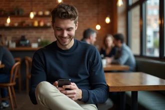 Jeune homme consultant son smartphone dans un café moderne, illustrant la curiosité collective autour de la vie amoureuse d'une personnalité des réseaux sociaux