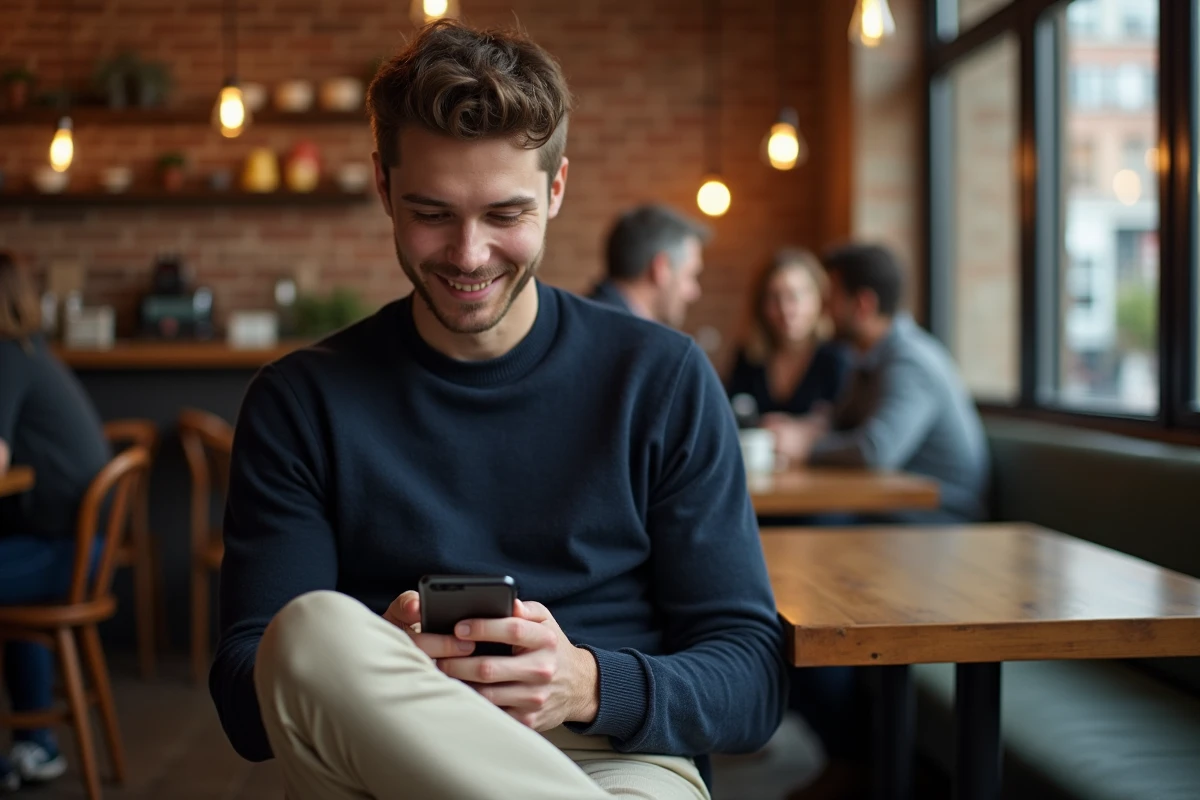 Jeune homme consultant son smartphone dans un café moderne, illustrant la curiosité collective autour de la vie amoureuse d'une personnalité des réseaux sociaux