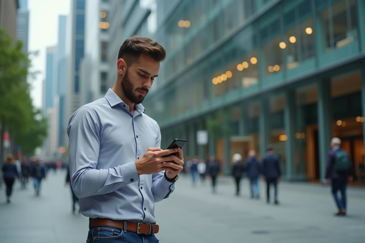 Jeune homme regardant son smartphone devant un bâtiment moderne