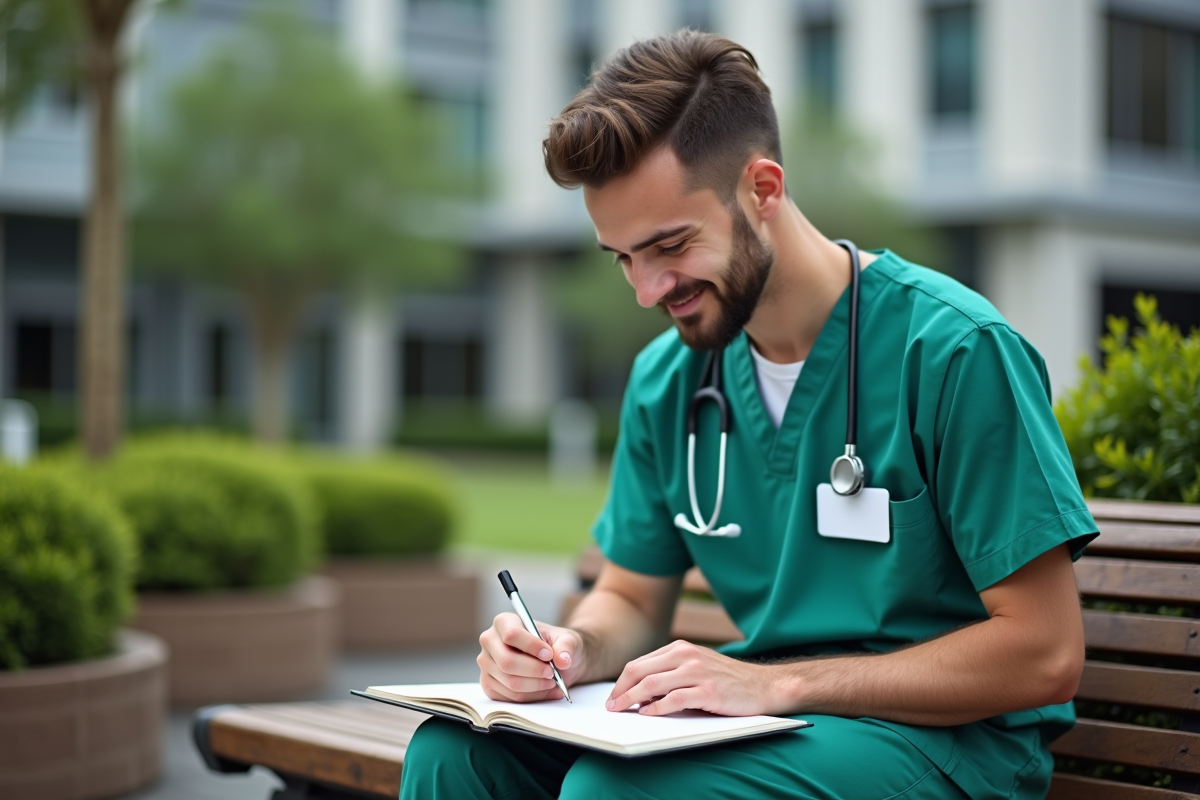 Jeune infirmier écrivant une citation dans un journal en extérieur