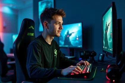 Jeune joueur tryhard concentré devant son setup gaming avec pseudo affiché sur écran