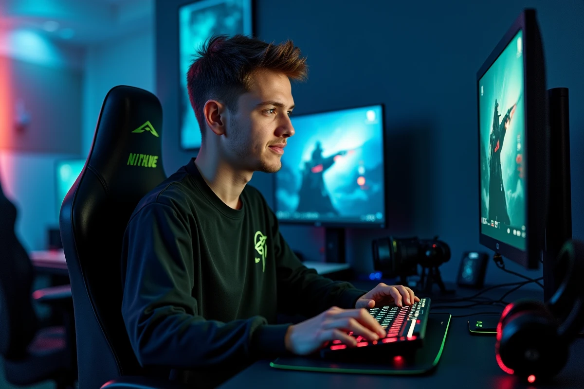 Jeune joueur tryhard concentré devant son setup gaming avec pseudo affiché sur écran