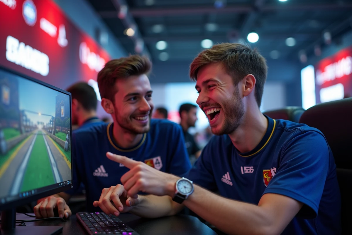 Deux joueurs pro riant ensemble devant un pseudo tryhard généré dans un lobby de jeu en LAN