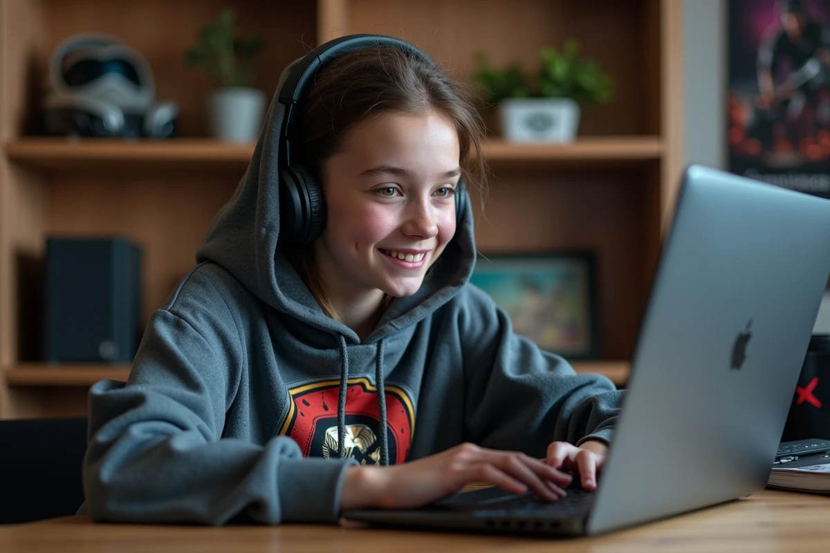 Jeune joueuse choisissant un pseudo tryhard sur un générateur en ligne depuis sa chambre