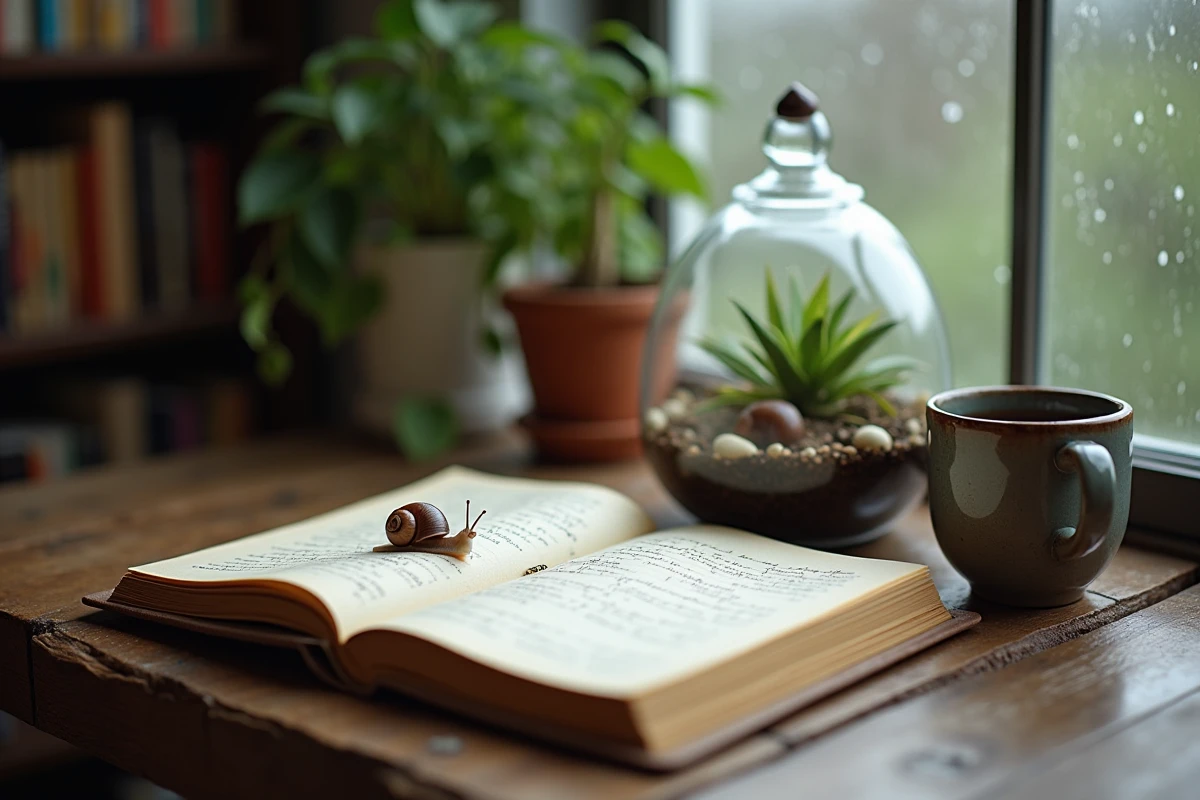 Journal spirituel ouvert avec escargot en terrarium sur un bureau en bois, symbolisant l'introspection et la progression intérieure