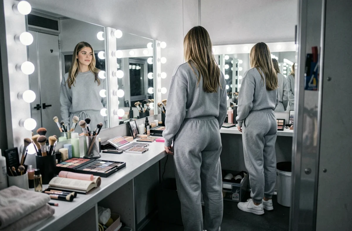 Jeune femme dans une loge de maquillage de tournage, reflet dans le miroir de la caravane production, ambiance backstage de télé-réalité