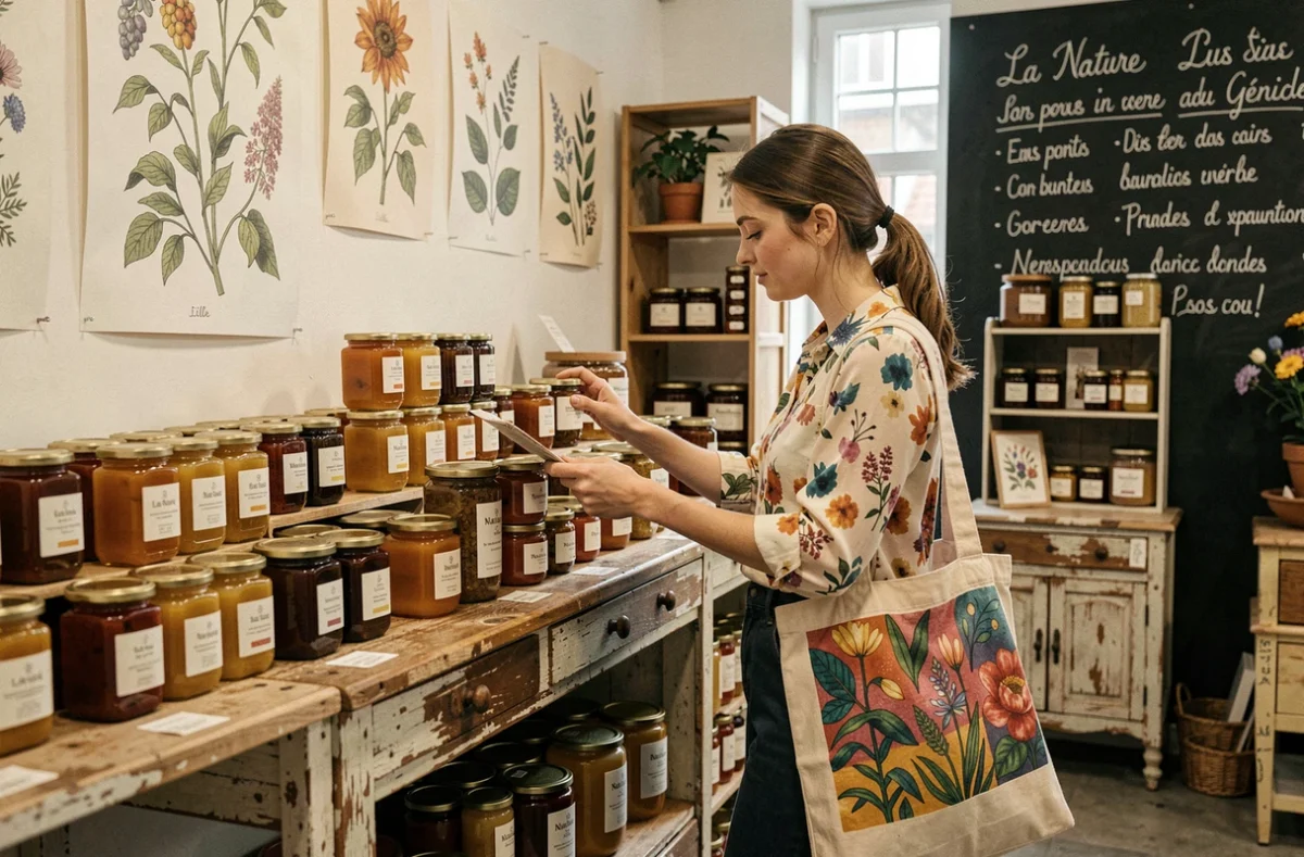 Employée arrangeant des pots de miel local et conserves artisanales dans l'atmosphère créative de La Nature a du Génie à Lille