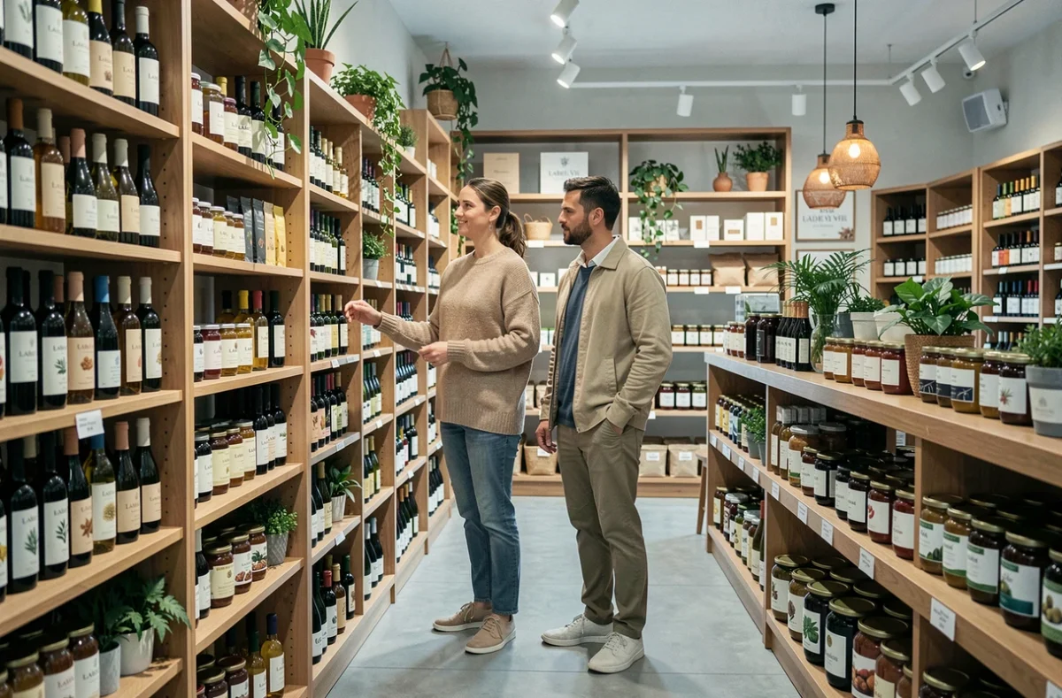 Couple parcourant les rayons de vins naturels et conserves artisanales chez Label Vie à Marcq-en-Baroeul