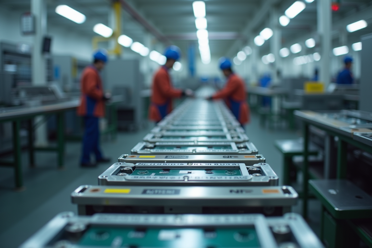 Étiquettes NF sur composants métalliques dans un atelier hightech