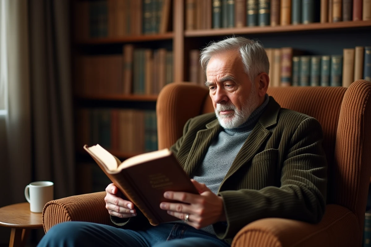 Homme âgé qui lit un guide de grammaire française dans une bibliothèque personnelle pour mémoriser les règles orthographiques