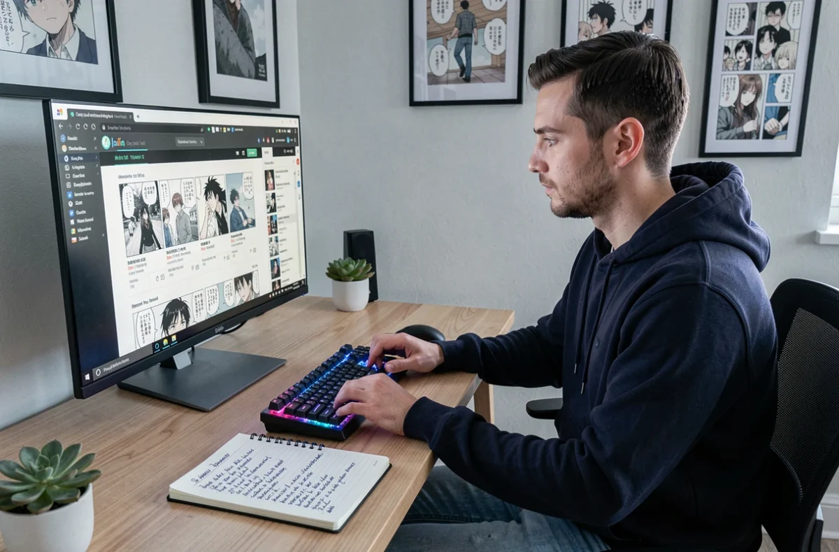 Homme consultant une plateforme de lecture manga sur ordinateur dans un bureau minimaliste avec notes de chapitres