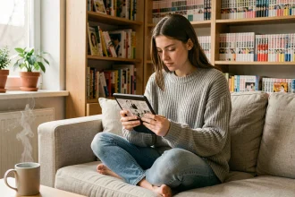 Jeune femme lisant un chapitre de manga sur tablette dans un salon cosy style scandinave entouré de volumes de bande dessinée
