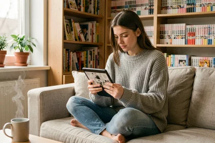 Jeune femme lisant un chapitre de manga sur tablette dans un salon cosy style scandinave entouré de volumes de bande dessinée