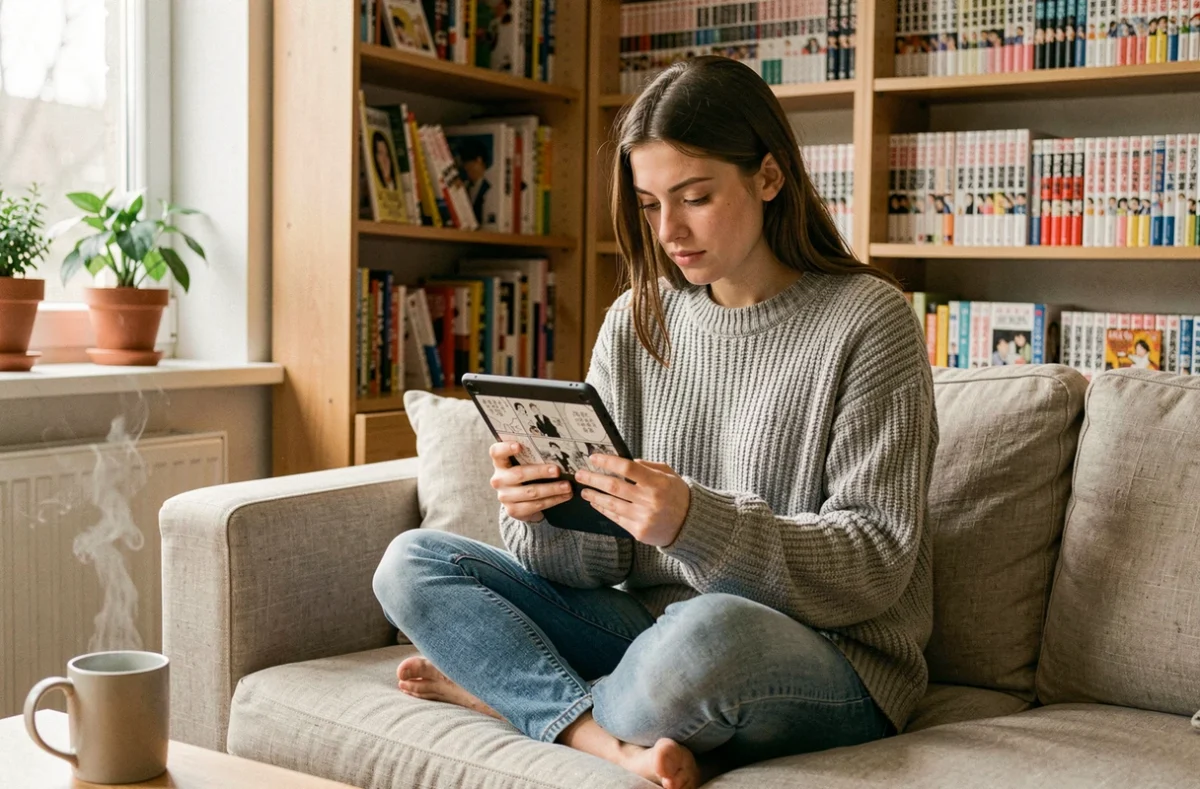 Jeune femme lisant un chapitre de manga sur tablette dans un salon cosy style scandinave entouré de volumes de bande dessinée