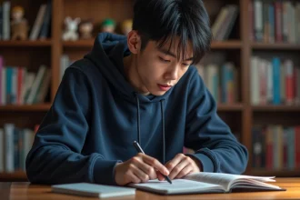 Jeune homme lisant le scan One Piece sur une tablette dans un bureau cosy entouré de mangas