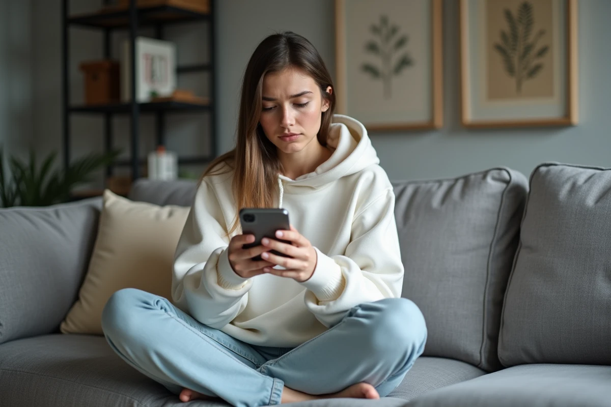 Jeune femme perplexe face aux limites des outils de stories Instagram anonymes sur son téléphone