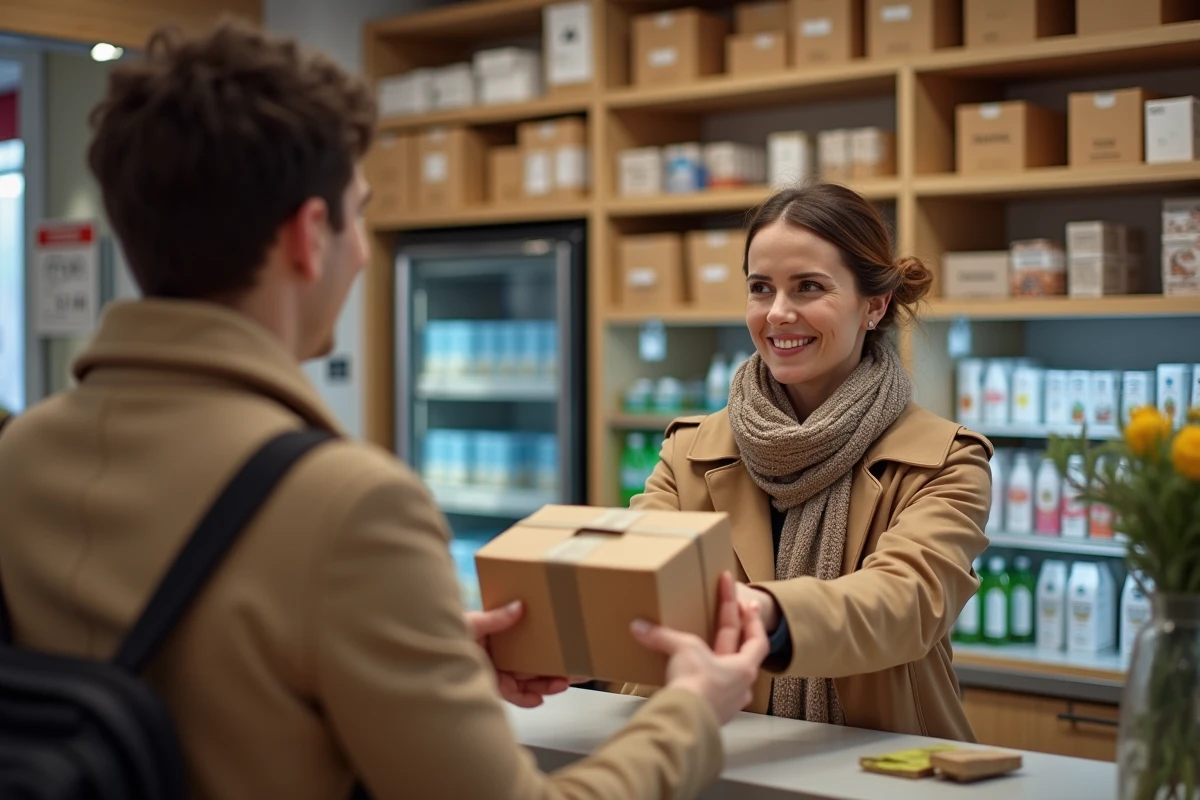 Femme remettant un colis à un commerçant dans une boutique