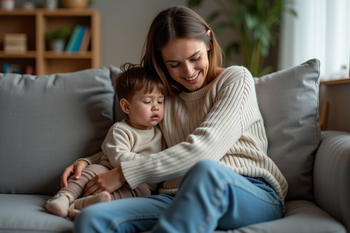 Maman réconfortant son enfant triste dans le salon