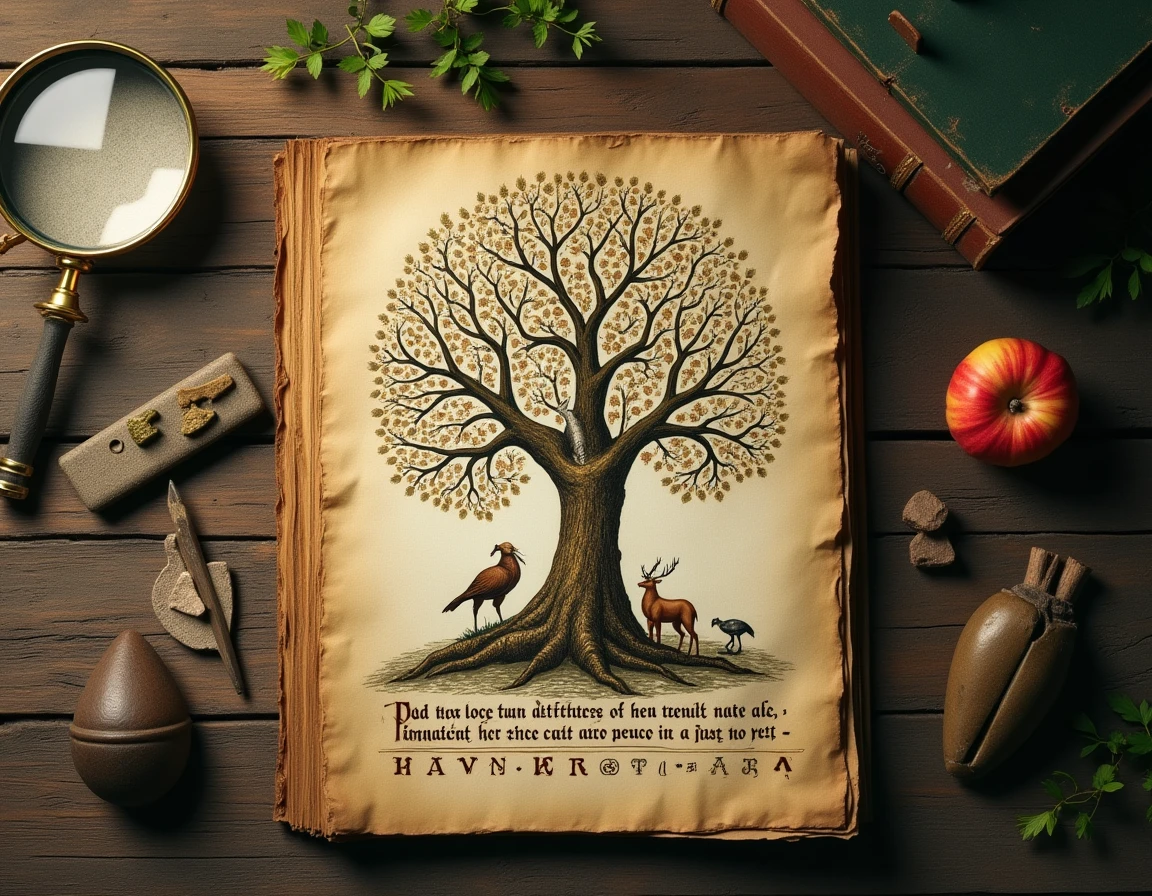 Manuscrit enluminé ancien représentant Yggdrasil avec des illustrations à l'encre et des inscriptions runiques sur un bureau de chercheur