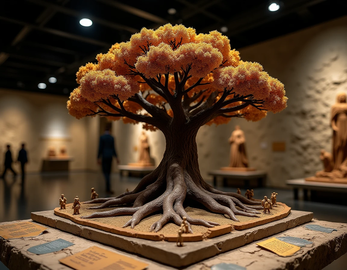 Maquette détaillée de Yggdrasil exposée dans un musée scandinave entourée de figurines de dieux nordiques et de runes gravées