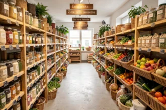 Intérieur d'un magasin bio dans les Hauts-de-France avec rayons de produits en vrac, légumes frais et bocaux en verre