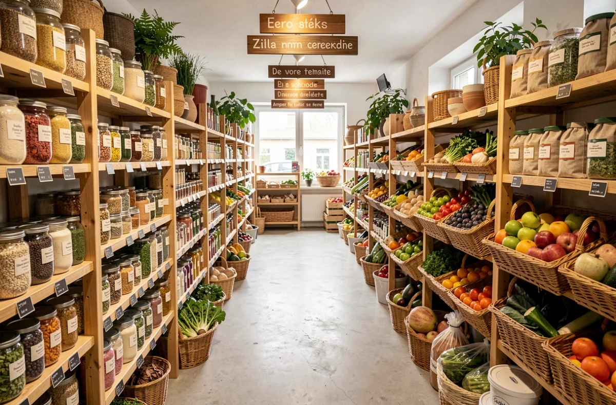 Intérieur d'un magasin bio dans les Hauts-de-France avec rayons de produits en vrac, légumes frais et bocaux en verre