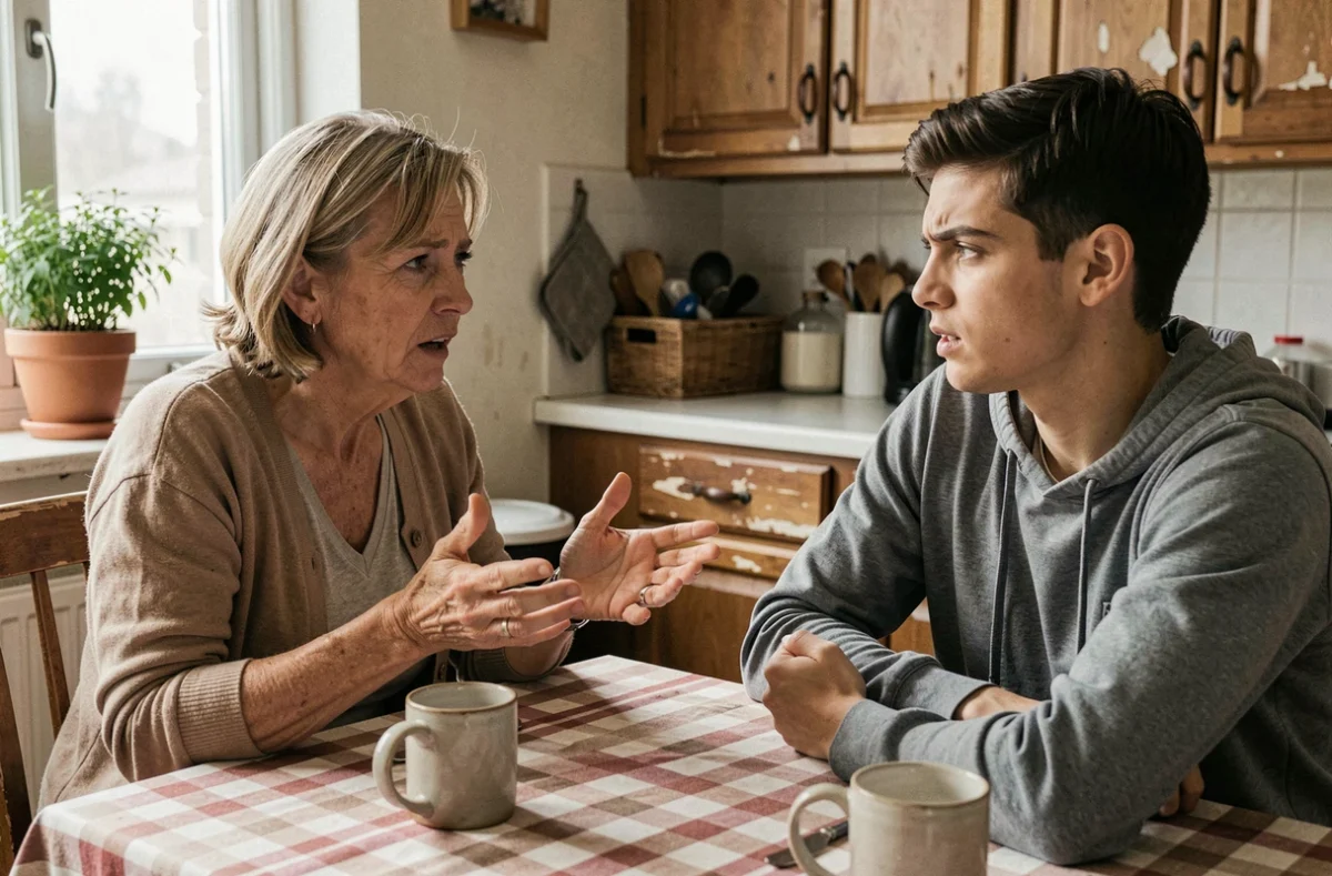 Mère et enfant adulte en conversation intense dans une cuisine familiale, évoquant le message maternel des paroles Elle me dit de Mika
