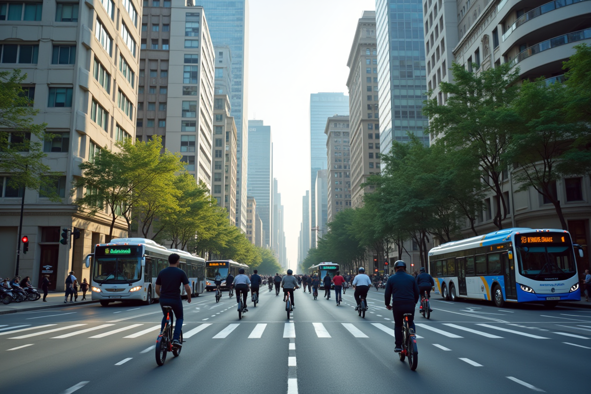 Rue urbaine animée avec scooters et vélos modernes