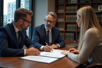 Notaire en costume bleu examinant des documents officiels avec un couple