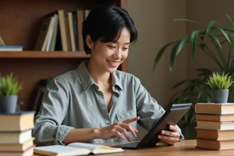 Femme organisant sa bibliothèque personnelle avec une application de gestion de lectures sur tablette