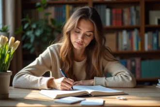 Jeune femme qui étudie l'orthographe française en écrivant dans un cahier avec des fiches mémo autour d'elle