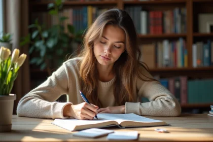 Jeune femme qui étudie l'orthographe française en écrivant dans un cahier avec des fiches mémo autour d'elle