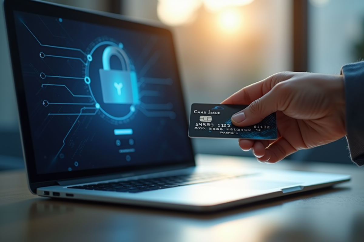 Main tenant une carte de credit devant un ordinateur avec interface securite