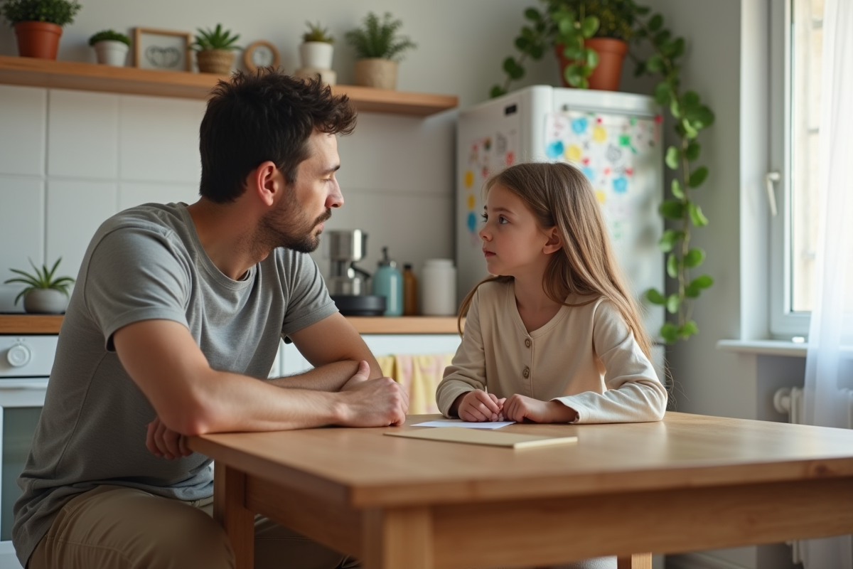 Papa parlant avec sa fille à la table de cuisine
