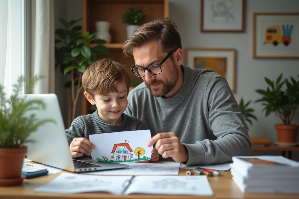 Père aidant son fils à imprimer un dessin de maison à la maison