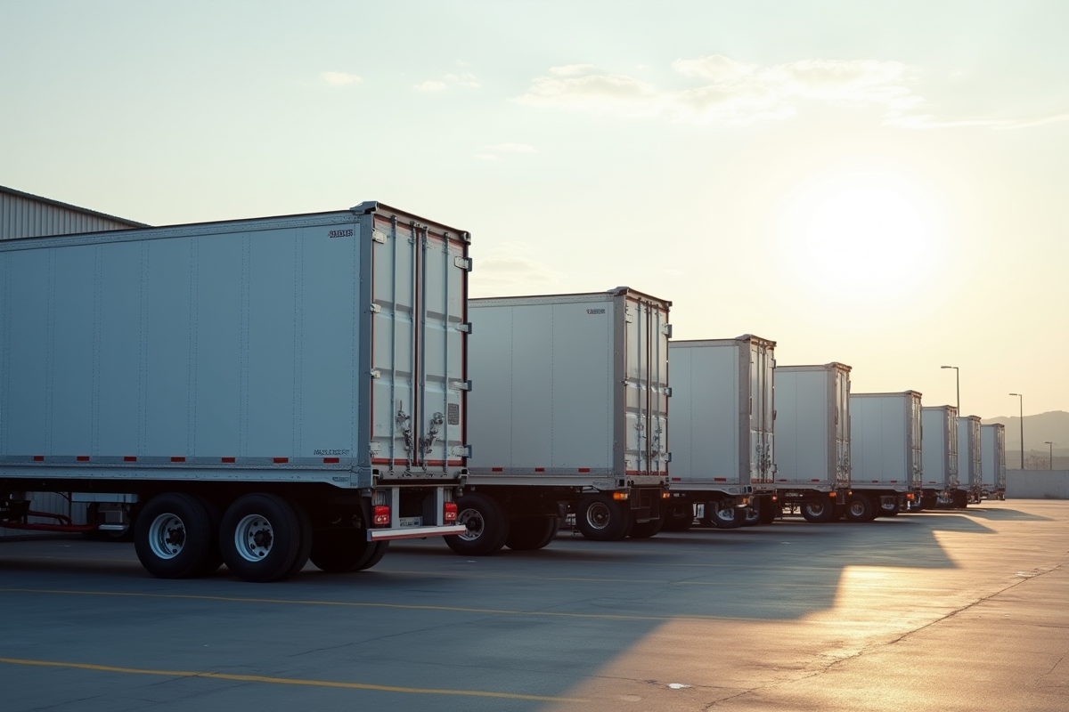 Plusieurs semi-remorques stationnées dans un lot industriel en journée