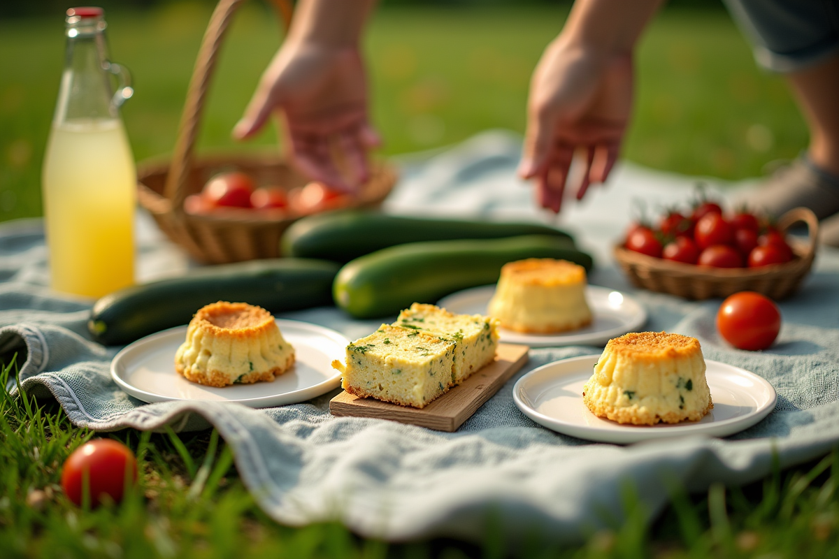 Partage de portions de tarte zucchini et fromage sur nappe verte