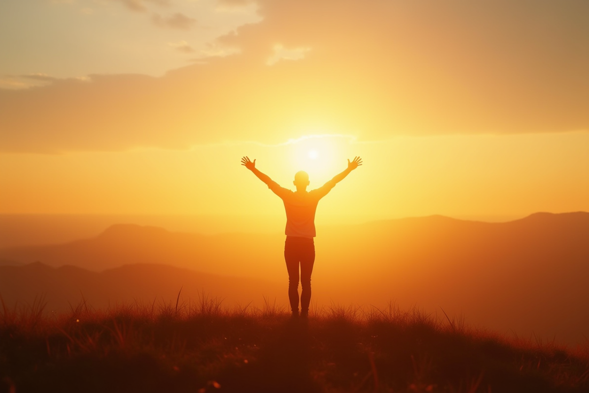 Personne sur une colline au lever du soleil symbolisant la liberté