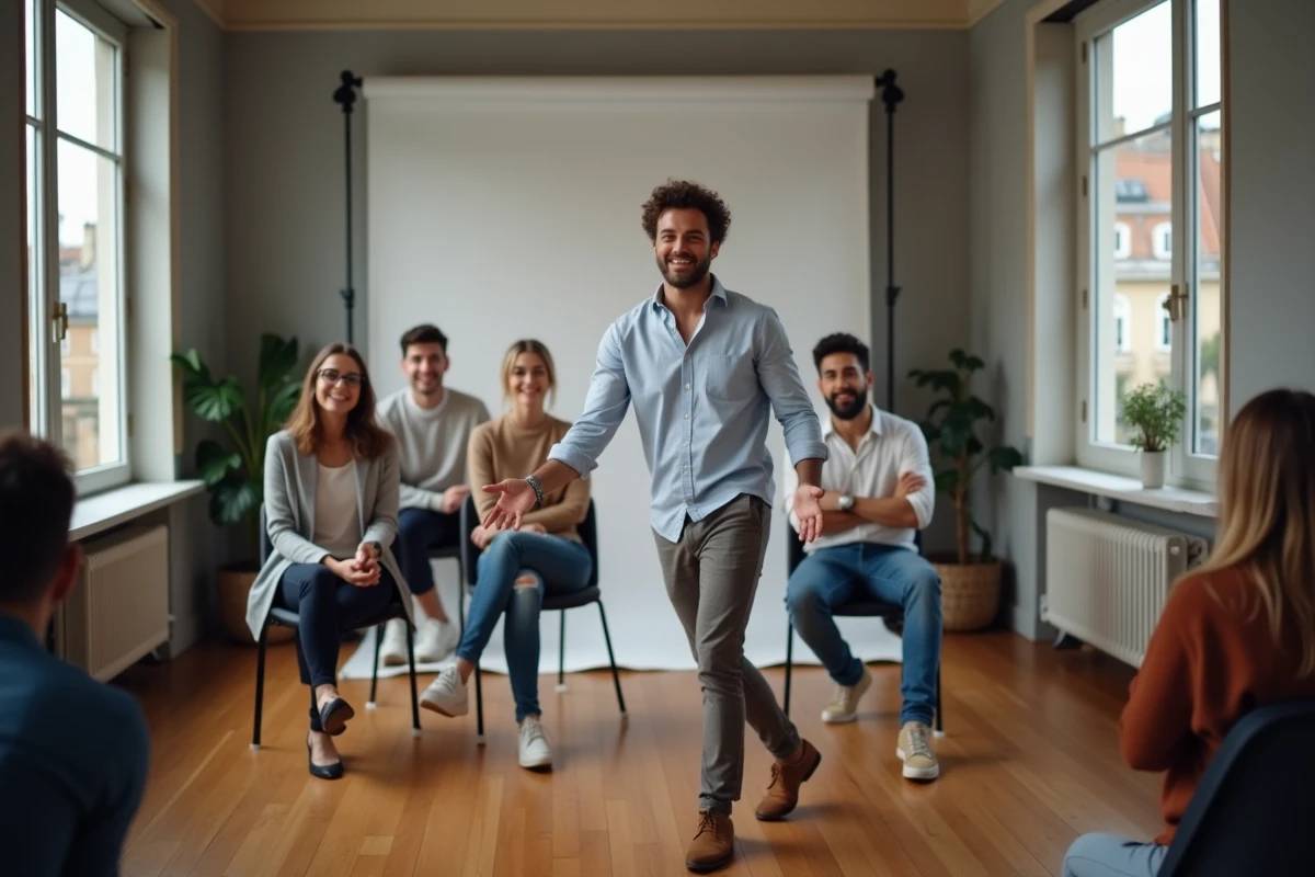 Photographe guide un groupe dans un studio parisien