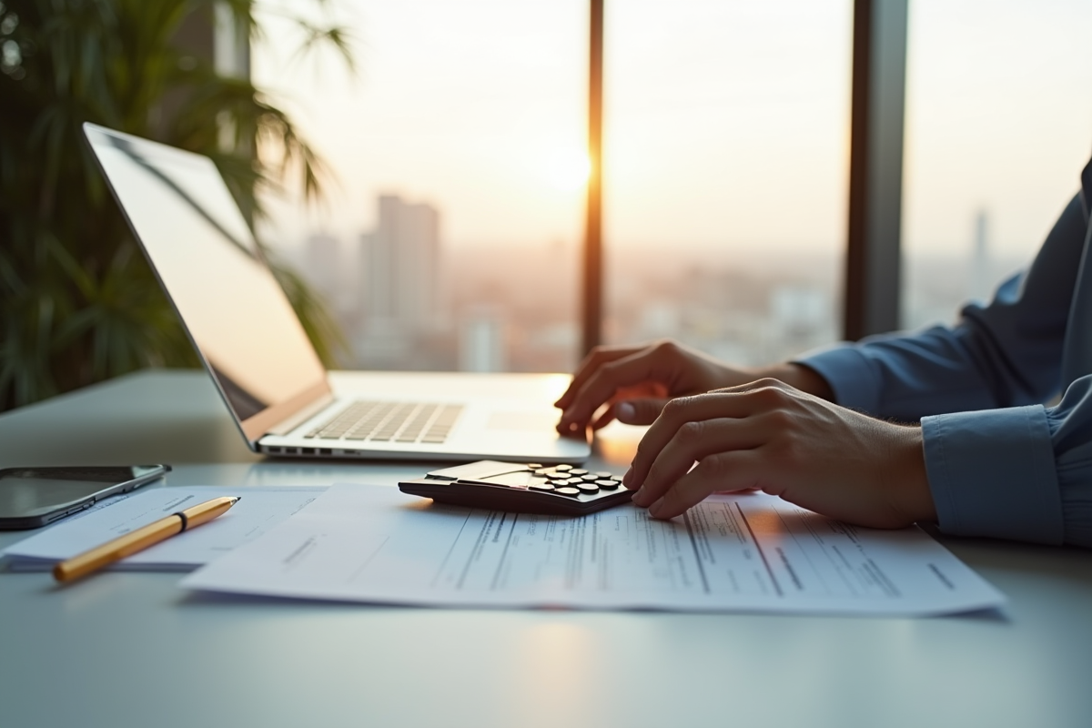 Mains utilisant un ordinateur portable avec papiers et calculatrice