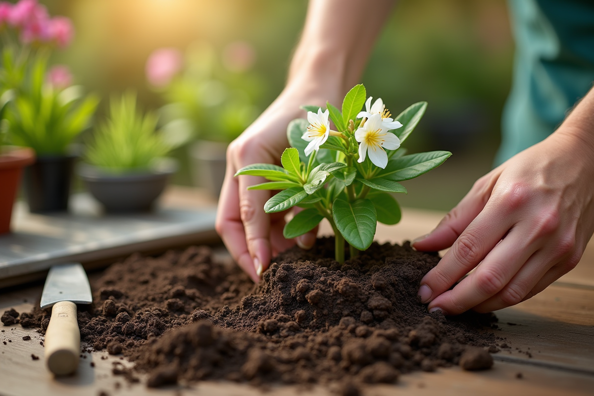 Main plantant un oleander dans la terre humide en jardin