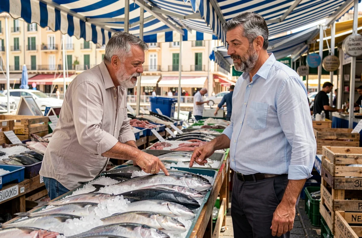 Client discutant avec un poissonnier à l'étal de poissons frais du marché Soleil de Marseille