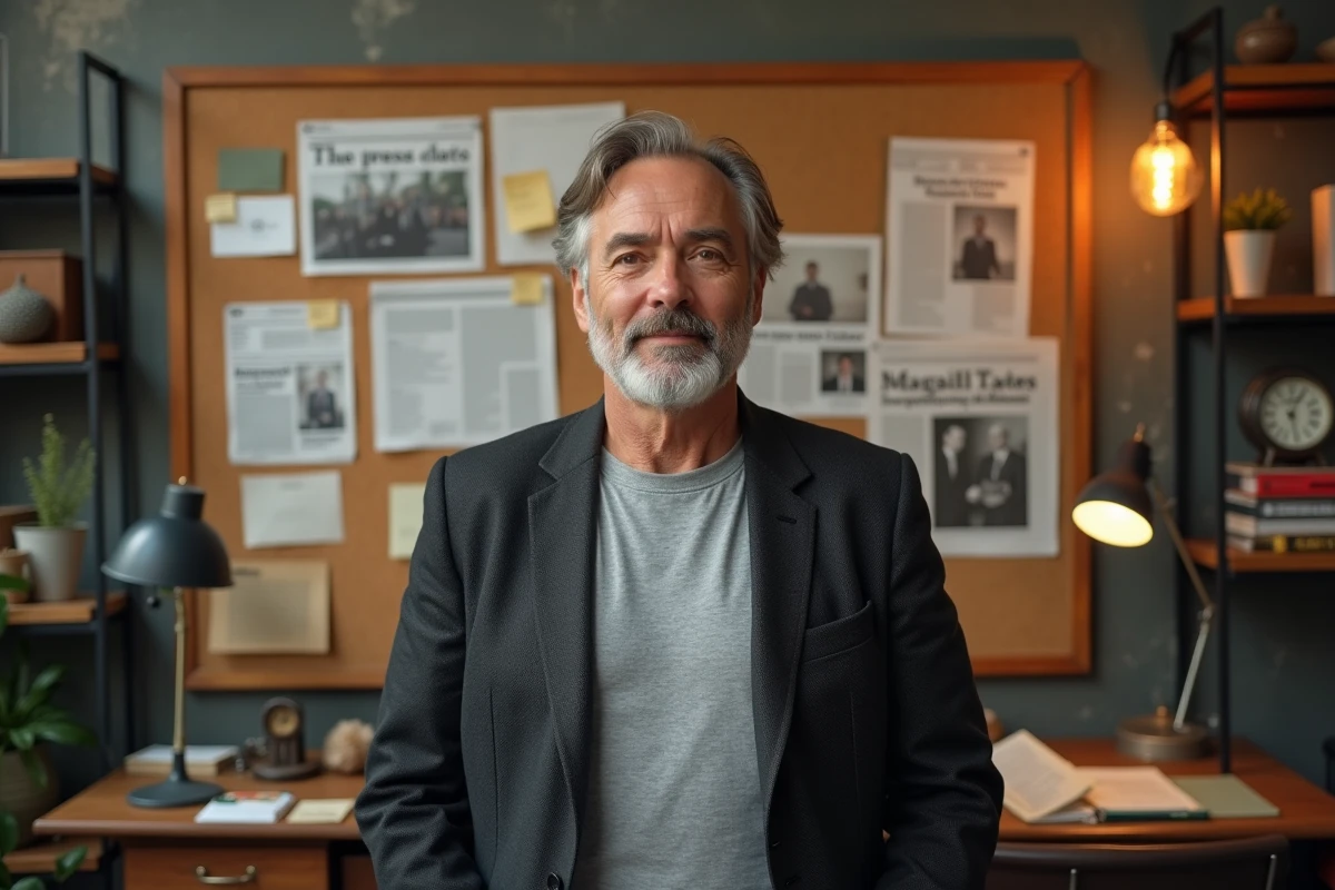 Portrait d'un journaliste expérimenté debout devant un tableau de presse couvert de coupures de journaux dans une rédaction traditionnelle