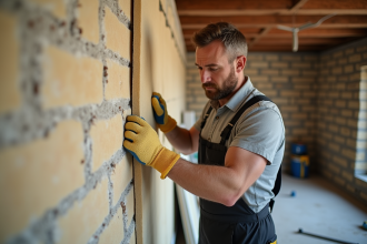 Hommes en overalls appliquant de la laine mineral sur un mur