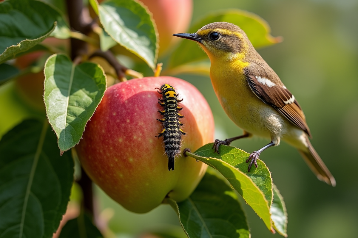 Coccinelle et oiseau près de chenilles sur un pommier ensoleille