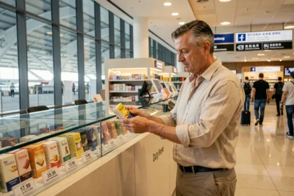 Homme d'âge mûr examinant le prix d'une cartouche de cigarettes dans un magasin duty-free d'aéroport international