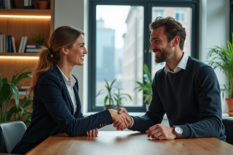 Deux jeunes professionnels se serrant la main dans un bureau moderne