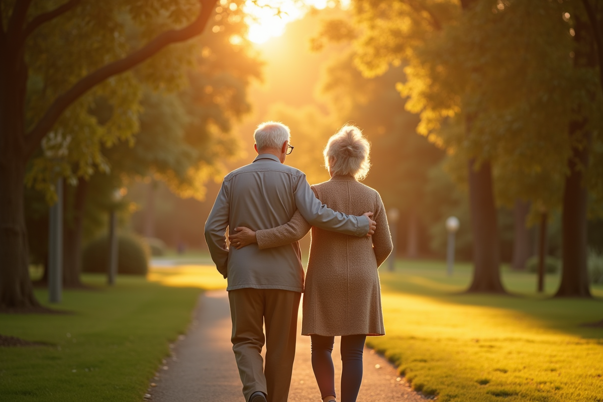Couple agee marchant dans un parc ensoleille