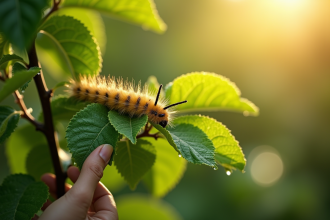 Personne retirant doucement une chenille d'un pommier au matin