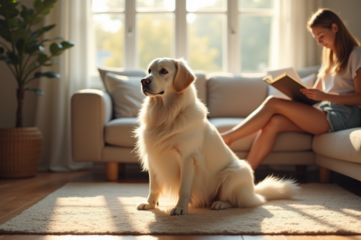 Retriever blanc assis paisiblement dans un salon lumineux